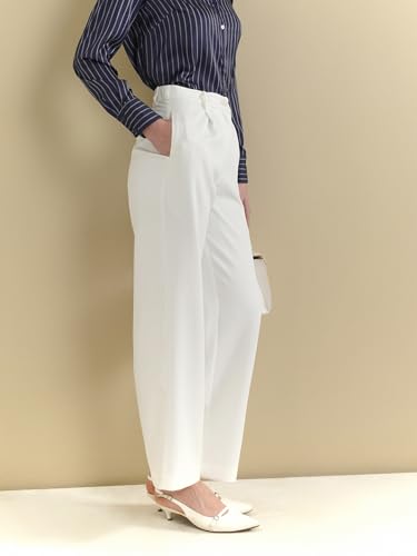 Image of FableStreet Women's Formal Trousers | High-Rise Pleated Wide-Leg Design | Solid Pattern with Plain Weave | Comfortable Office Wear for Business Meetings & Formal Events