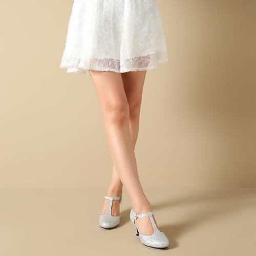 LIURUIJIA Women's T Strap Mary Jane Kitten Heels Pumps Vintage Low Heel Dress Shoes for Wedding Party Work Church Silver Sequins 8.53