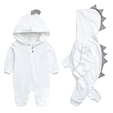 [MarineBlue] マリンブルー ロンパース 長袖 男の子 女の子 前開き 赤ちゃん 新生児 恐竜 着ぐるみ カバーオール コットン 66 ホワイト