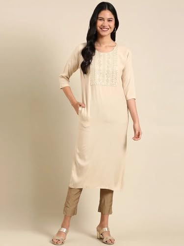 Image of SHOWOFFFF Women Solid Straight Ethnic Kurta | Round Neck 3 /4th Sleeves Cotton Kurta for Womens | Regular Fit Calf Length Kurta for Women's