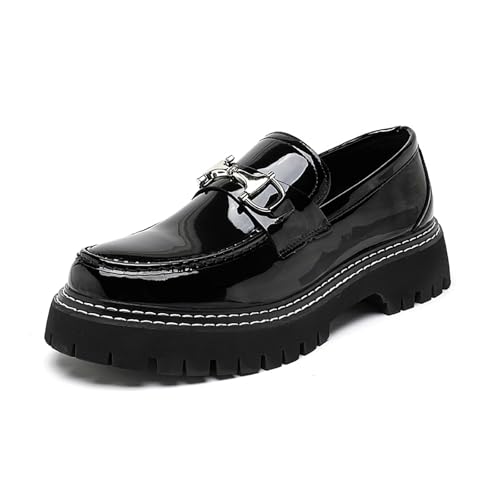 Men's Metal Decoration Platform Loafers Patent Leather Non-Slip Lug Sole Dress Shoes Comfort Slip-On Business Office & Casual