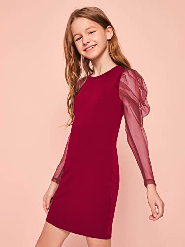 WDIRARA Girl's Sheer Mesh Puff Long Sleeve Round Neck Bodycon Mini Dress4