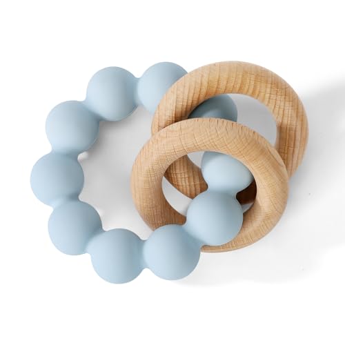 Image of Socub Baby Teething Toys for 0-6 6-12 Months | BPA-Free Food-Grade Silicone & Natural Beech Wood Teether Ring for Newborn Infants Teething Relief | Easy-Grip Sensory Rattle Toys(Baby Blue)