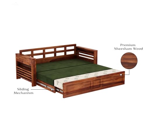 Image of Mamta Furniture Sheesham Wood 3 Seater Sofa Cum Bed | Living Room Convertible Bed | Honey Palm Leaf Stripes Finish | Double Size Bed Frame | Upholstered Headboard