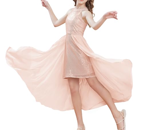 Lady Neckholder Ärmellos Chiffon-Kleid Partykleider mit Glänzendem Pailletten Fashion Hochzeit Kinderkleidung Roségold 12-14 Jahre