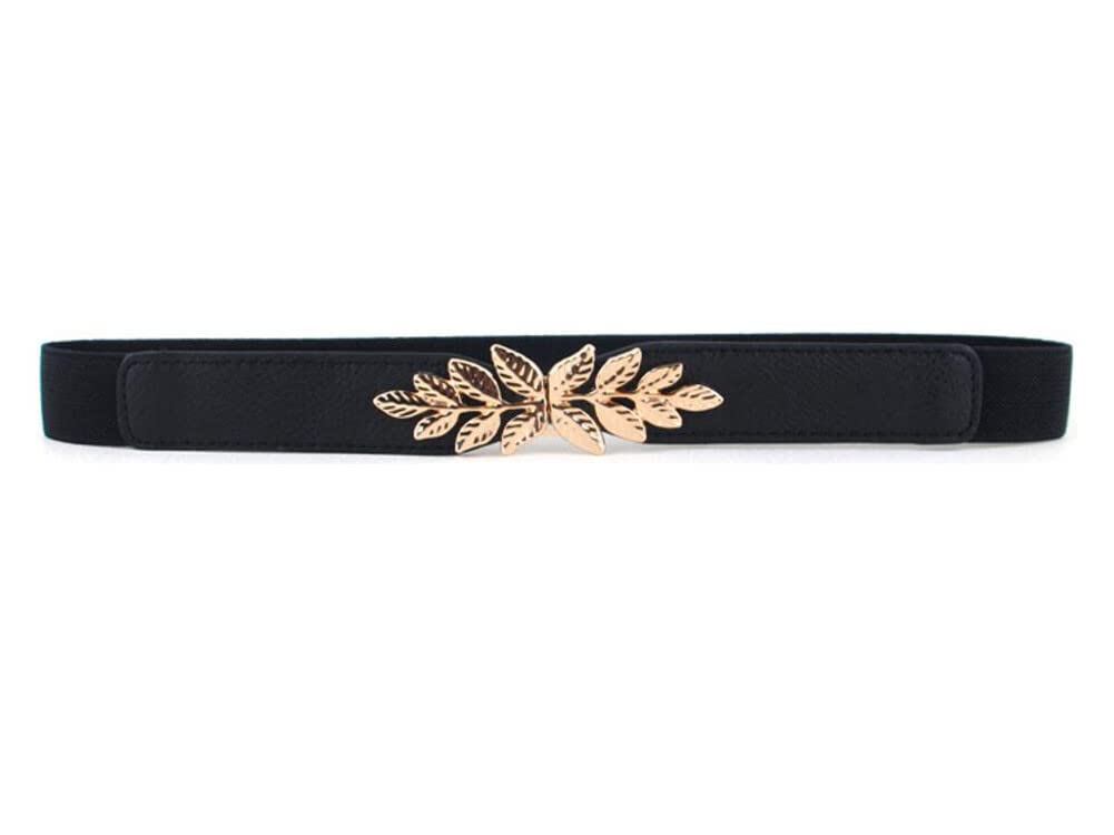 Diyafas Stretchy Dress Thin Belt Ladies Elastic Waistband Leaf Buckle Skinny Belts, Black