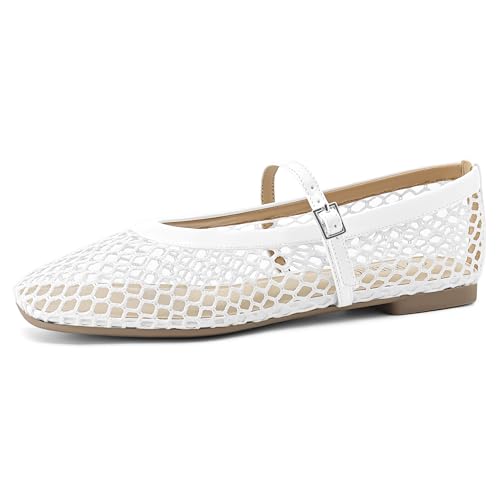 Image of Rihero Mesh Ballet Flats for Women Comfortable Square Toe Ballerina Flats Buckle Strap Casual Fishnet Flat Shoes