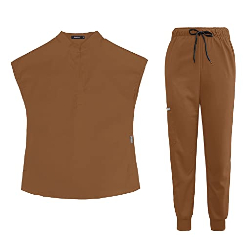 niaahinn Hospital Scrubs for Women Modern Unsex V-Neck Scrub Top & Cargo Scrub Pants Multiple Colour Jogger Suit Scrubs (Brown,XXL,XX-Large)