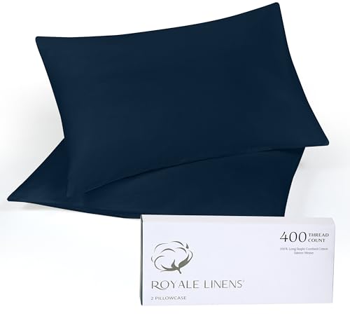 Image of Royale Linens 400 Thread Count 100% American Grown Cotton Queen Pillowcase Set - Luxury Sateen Queen Pillow case - 20 inchx30 inch Inch - Soft & Smooth Set of 2 Navy Pillowcases - (Queen, Rivera Navy)