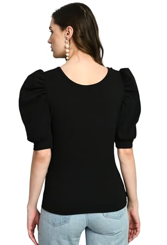 Image of IUGA Plain Round Neck Cotton Knit Regular Top for Women (115 Black)