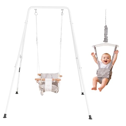 VEVOR Toddler Swing and Jumper 2 in 1 Swing Set and Bouncer Soft Cushion with Foldable A-Frame Metal Stand Heavy-Duty Thick Ropes Easy to Install and Store for Indoor or Outdoor Play Gray