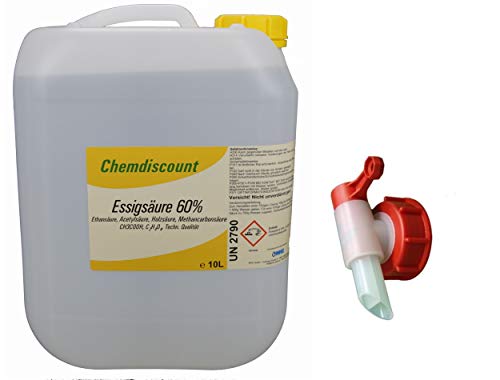 Preisvergleich Produktbild 10Liter (ca. 10,7kg) Essigsäure 60%, mit passendem Auslaufhahn / Ausgießer, versandkostenfrei