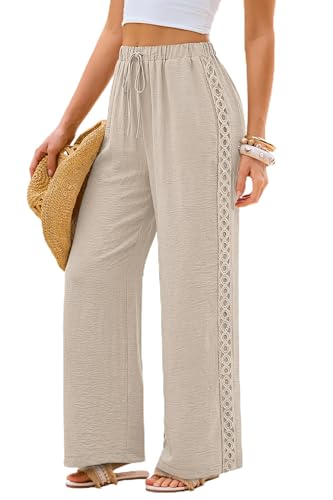 Linen Pants Women Wide Leg Palazzo Pants for Women Casual Flowy Summer Outfits 2026 Beach Vacation Clothes Travel Cruise Boho Lounge Pants Lace Fashion Lightweight Spring Trouser Beige L