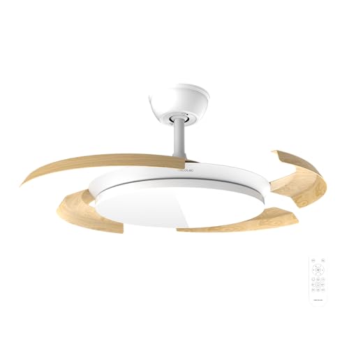 Cecotec Ventilador de Techo con Luz con Aspas Retráctiles EnergySilence Aero 4500 Puzzle Invisible White&LightWood. 30W, Motor DC, Diámetro 42", Luz LED, Mando, Temporizador, Función Verano/Invierno