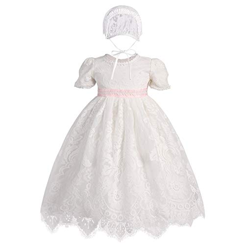 Baby Girls Lace Dress Christening Baptism Gowns Outfit with Bonnet Hat Toddler Infant Princess First Communion Birthday Pageant Party Wedding Formal Occasion Flower Girl Tutu Dress Ivory 18-24 Months