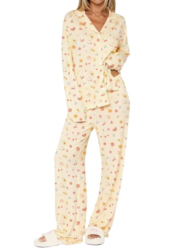 Image of Dressmine Ladies Long Sleeve Cute Pajama Sets 2 Piece Fall Outfits Button Up Pjs Set Loungewear