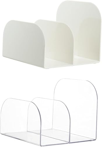 BQQB デスクトップブックスタンド 日本製 プラスチック製 オフィス用 収納ラック ブックラック 本収納 マガジンラック 仕切り付きブックスタンド (2個,ホワイト+とうめいしょく)