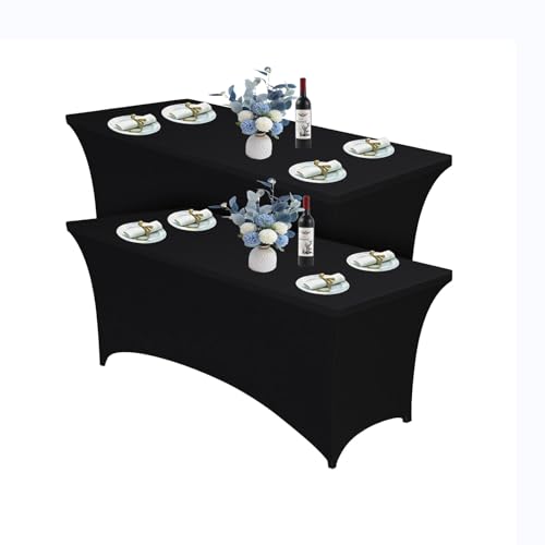 Lot de 2 Nappe de Table Extensible 6 Pieds,183cm,Noir-Couverture de Table en Polyester et Spandex Lavable en Machine et Infroissable pour mariages,bar,fête...