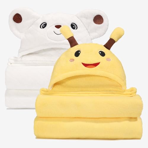 Image of WODHOY Hooded Towels for Kids,Toddler Bath Towel with Hood Age 0-5,2 Pcs Baby Bath Towels,Hooded Towels for Toddlers with 1-3 Large Size 50 * 32 Inch, Bath Towel for Kids,White&Yellow