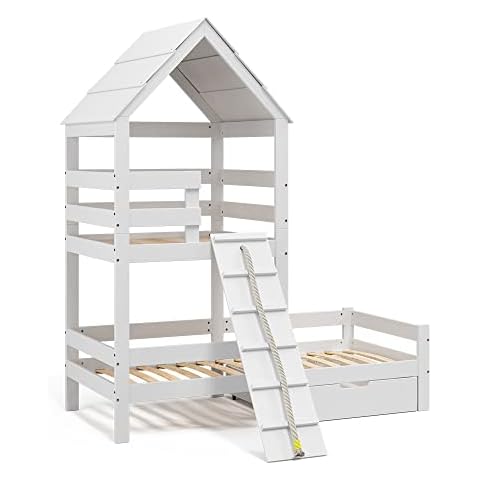 VitaliSpa Spielturmbett Kinderbett Spielbett Teddy modern 208x235 cm Massivholz Kinderzimmer Lattenrost Abenteuerbett Kletterbett Cover
