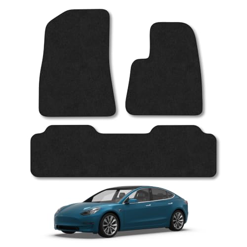 Tesla Model 3 (2017+) Car Mats Accessories Tailored Fit Carpet Floor Mats non Slip Black Trim Full Coverage Compatible Accessory Front Rear Set Anti Slip Granulated Backing Hand-Finished