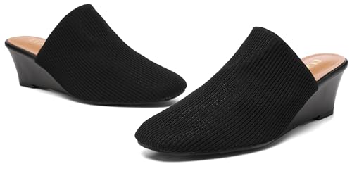 Womens Stacked Heel Wedges Knitted Heeled Mules,Ladies High Heel Slip on Comfortable Trendy Dressy Casual Fancy Holiday Going Out Everyday Crochet Elegant Shoe2