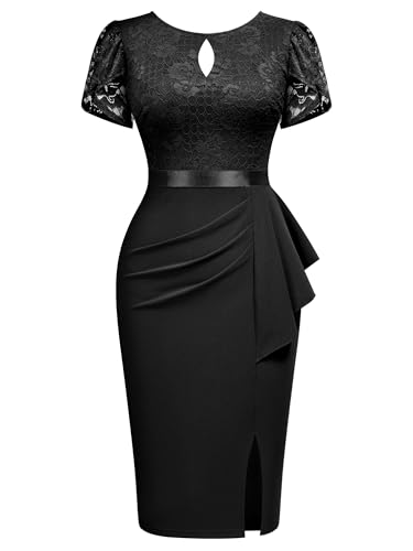 Image of Miusol Women's Elegant Scoop Neck Puff Sleeve Floral Lace Ruffle Style Cocktail Party Dress