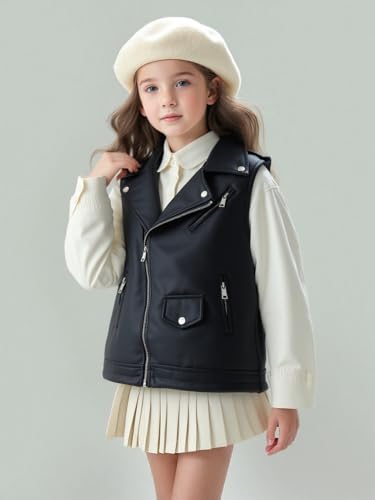Kids Faux Leather Vest | Sleeveless Motorcycle Jacket with Zipper Pockets Coat for Boys Girls Ages 3-123