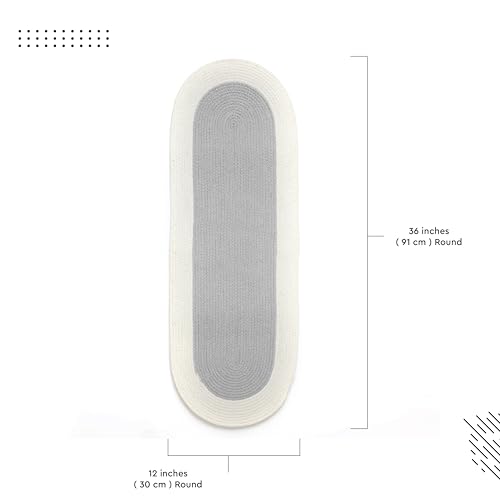 Image of Encasa XO Table Runner for 4 Seater | Handmade Ribbed Style Cotton | 30x91 cm | Light Grey & Off White | for Dining & Center Table