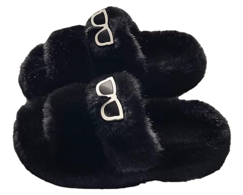 Epsion Women's Fluffy Faux Fur Slippers Comfy Open Toe Two Band Slides Fuzzy House Shoes - Main Image