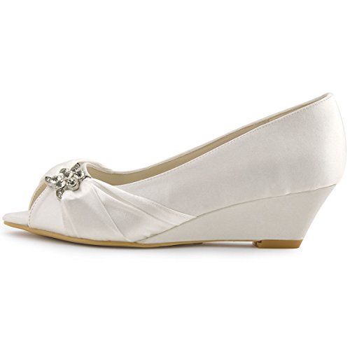 ELEGANTPARK Women Peep Toe Pumps Rhinestones Mid Heel Wedges Satin Wedding Bridal Shoes - Image 3