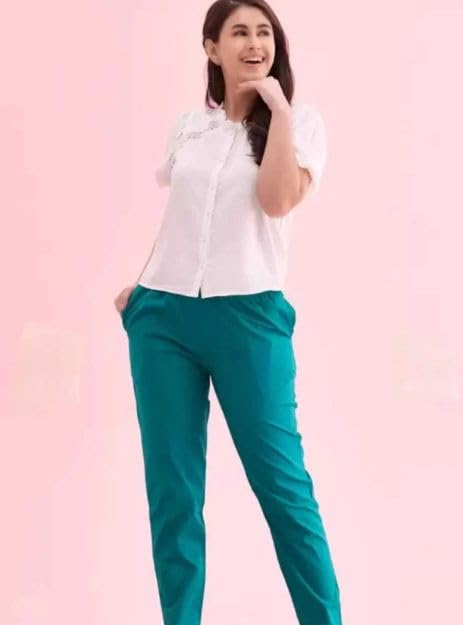 Image of D K W Women's Mid Rise Relaxed Fit Cotton Flex Trousers with Elastic Back & Drawstring - Ideal for Winter, Formal, Office & Casual Wear, Comfortable for Girls and Women