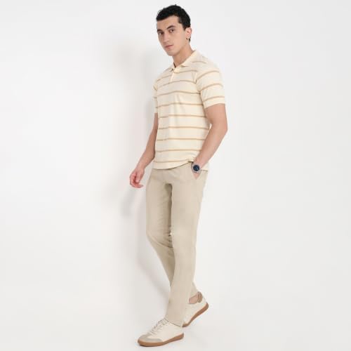 Image of Raymond Men Modern Fit Stripe Pattern Pure Cotton Polo Neck Half Sleeve Casual T-Shirt