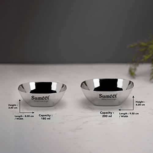 Image of Sumeet Heavy Gauge Stainless Steel Apple Square Bowl /Wati /Katori with Mirror Finish, Combo set of 12pc, 8cm & 9.5cm Dia, 180ML & 200ML (Each 6Pc) - Silver