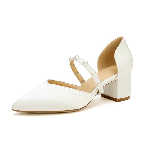 Closed Toe Pearl Low Block Heels Wedding Shoes for Bride Chunky Heels Pumps for Women Bridal Shoes for Wedding