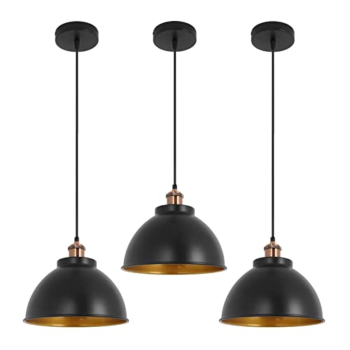 Industrial Modern Black Barn Pendant Light for Kitchen Island, Farmhouse Vintage Metal Domed Shade Hanging Ceiling Lamp for Dining Room Hallway Basement (3 Pack)