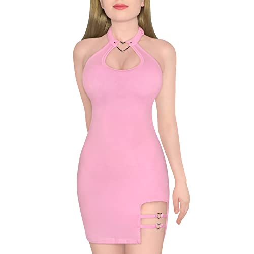 LittleForBig Damen Baumwoll-Overall Vampy Kragen Bodycon Mini Kleid Rock Rosa XXXXL