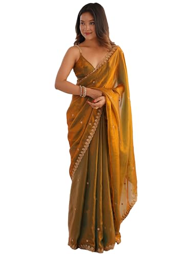 Image of AKHILAM Women's Shimmer Tissue Embroidered Saree With Unstitched Blouse Piece