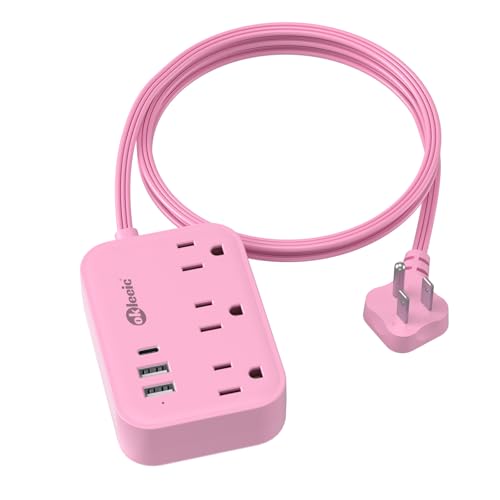 Pink Power Strip - 5Ft Extension Cord with 3 USB(1 USB C) Charging Station and 3 Outlets Pink Desk Accessories for Cruise Travel Cute Kawaii College Dorm Desk Home Essentials