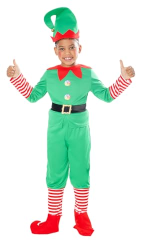 Rubies Disfraz Elfo Navideño para niño, Jersey con pantalón, cinturón, cubrebotas y gorro para Navidad, Duende, funciones escolares, Papa Noel (Talla S de 7 a 8 años)