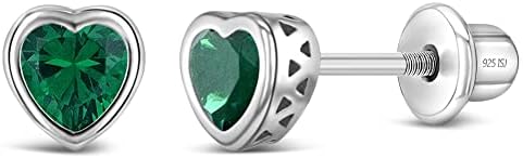 925 Sterling Silver 5mm Simulated Emerald Birthstone Heart Screw Back Earrings for Toddlers & Little Girls - Pretty Heart Screw Back Earrings for Children - Green CZ Heart Earrings for May Birthday