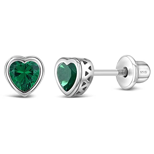 925 Sterling Silver 5Mm Simulated Emerald Birthstone Heart Screw Back Earrings For Toddlers & Little Girls - Pretty Heart Screw Back Earrings For Children - Green Cz Heart Earrings For May Birthday #TOP6