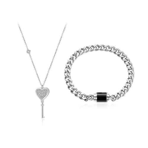 2pcs Fashion Lock Charm Bracelet Metal Chain Bangle Stainless Steel Heart Key Pendant Necklace Couple Matching Jewelry Heart Key Pendant Necklace Couple Jewelry Set Valentine's Day Gift