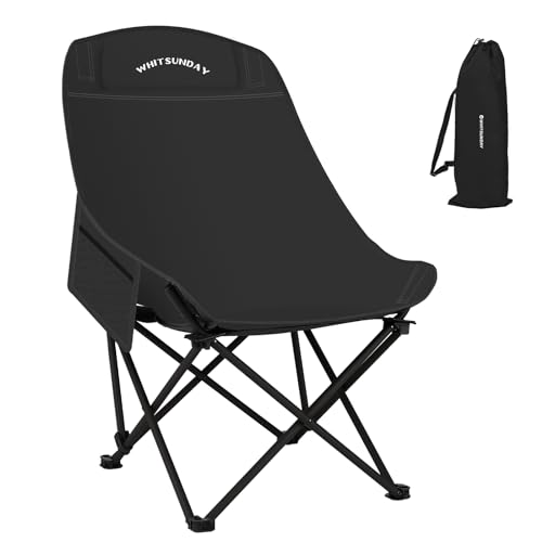 Whitsunday Camping Chair,Compact Backpacking Outdoor Chair,High Back Portable Folding Moon Chair for Heavy People,Beach Chair with Side Pocket-Black