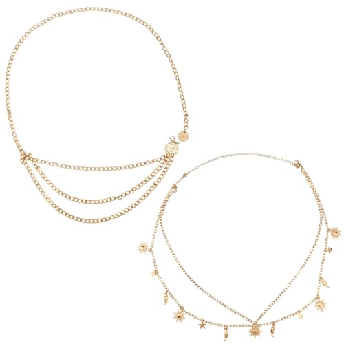 2 Pcs Gold Metal Waist Chain Set, Dainty Sunflower Body Chain Fashion Sun & Moon Waist Jewelry Adjustable Multilayer Body Jewelry Accessories for Women Dresses Jeans Decor Supplies