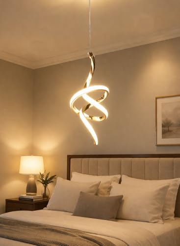 Image of Modern Spiral Shape Gold Finish Energy Saving Led Pendant Hanging with 3 Different Color Mode (Warm White, Cool White, Neutral White) for Bedroom, Living Room, Restaurants, Dining, Home