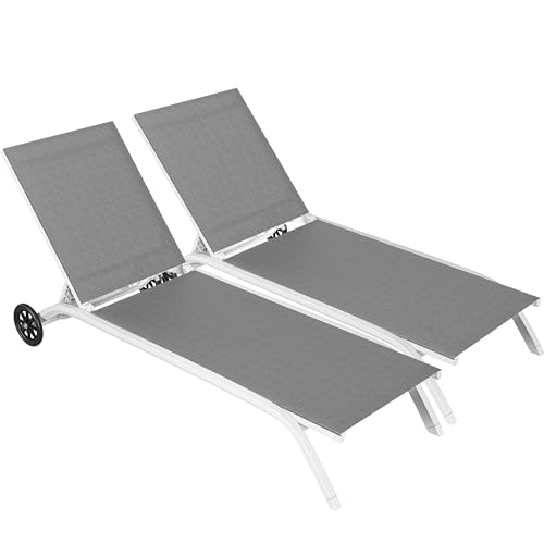 YITAHOME Aluminum Outdoor Chaise Lounge Set of 2 with Wheels, Pool Lounge Chair Patio Lounger with Extended Width, 5-Position Adjustable Backrest for Patio, Poolside, Deck - Grey Grey Set of