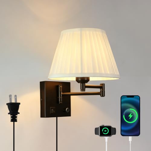 Image of Wall Lamps for Living Room Bedroom Reading Light, Bulb Included | Wall Sconce with USB C+A Charging Ports, Adjustable Swing Arm 270, Adjustable Color Temperature, White Fabric Cone lampshade
