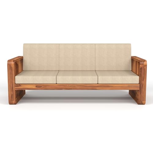 Image of Sheesham Wooden 3 Seater Sofa for Living Room | Solid Wood Sofa with Side Newspaper Holder | Rosewood Sofa Set for Home & Office | Lounge (Honey Finish, 3 Seater)