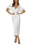 Satin V Neck Puffy Sleeves Silk Midi Dresses Empire Waist Elegant Tie Back Formal Cocktail Dress for Women Wedding Guest White